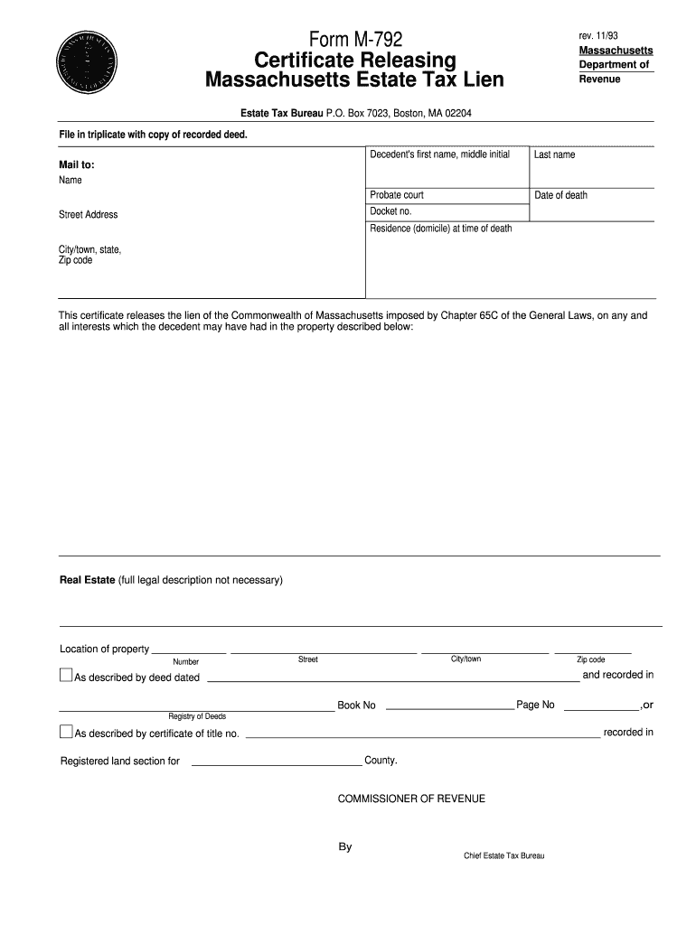 Form M 792 Certificate Releasing Massachusetts Estate Tax