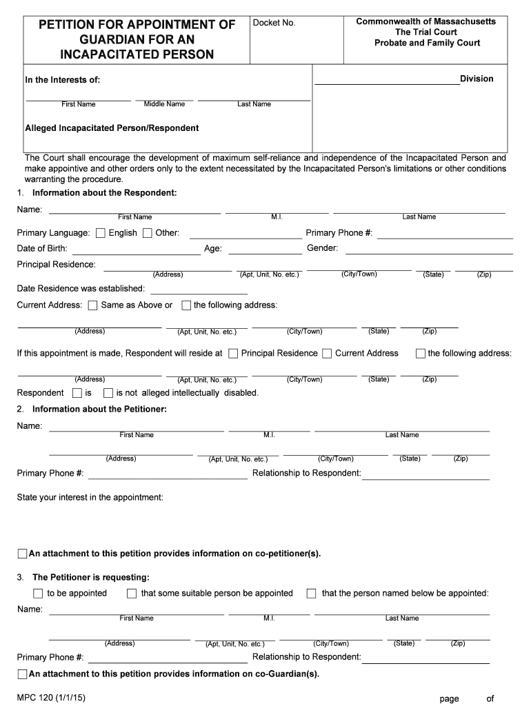 File for Guardianship of an Incapacitated PersonMass Gov  Form