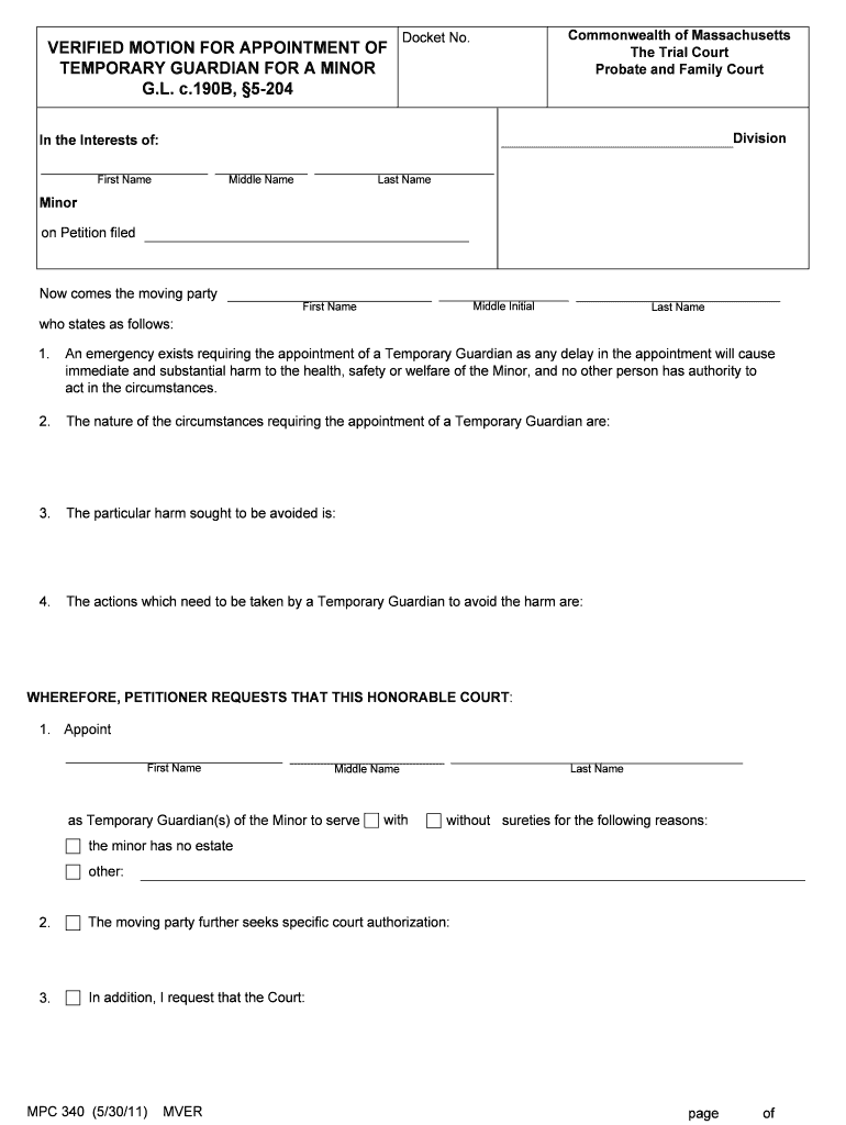 Fillable Mpc340 Verified Motion for Appt Temp Guardian for  Form