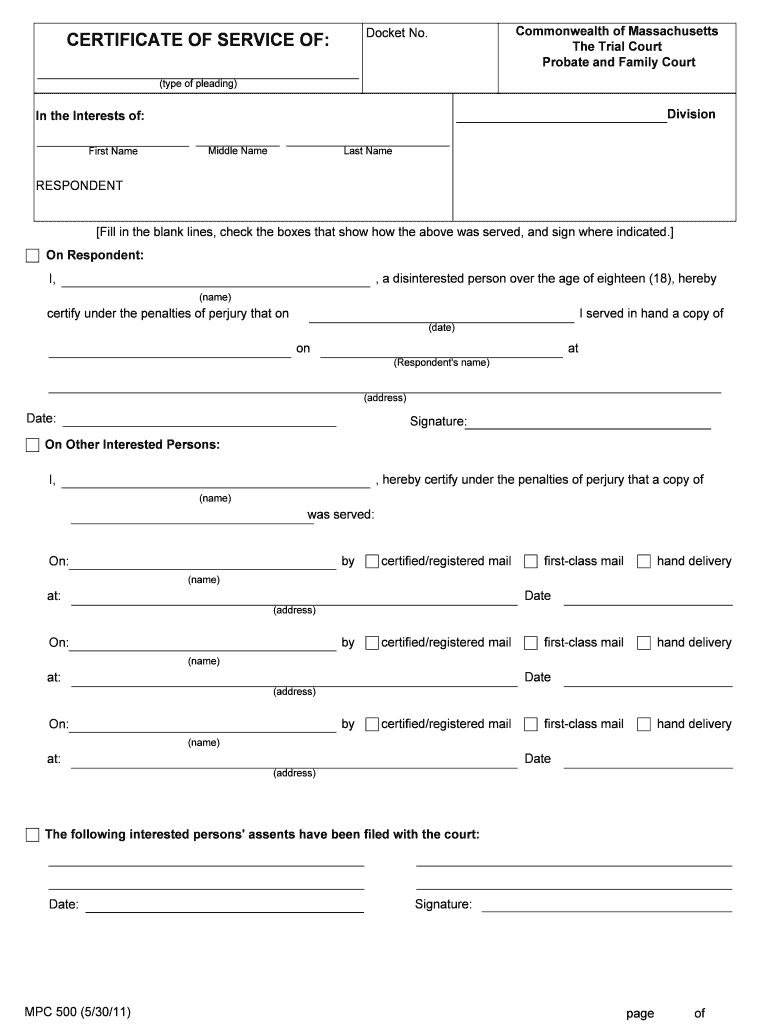 CERTIFICATE of SERVICE of  Form