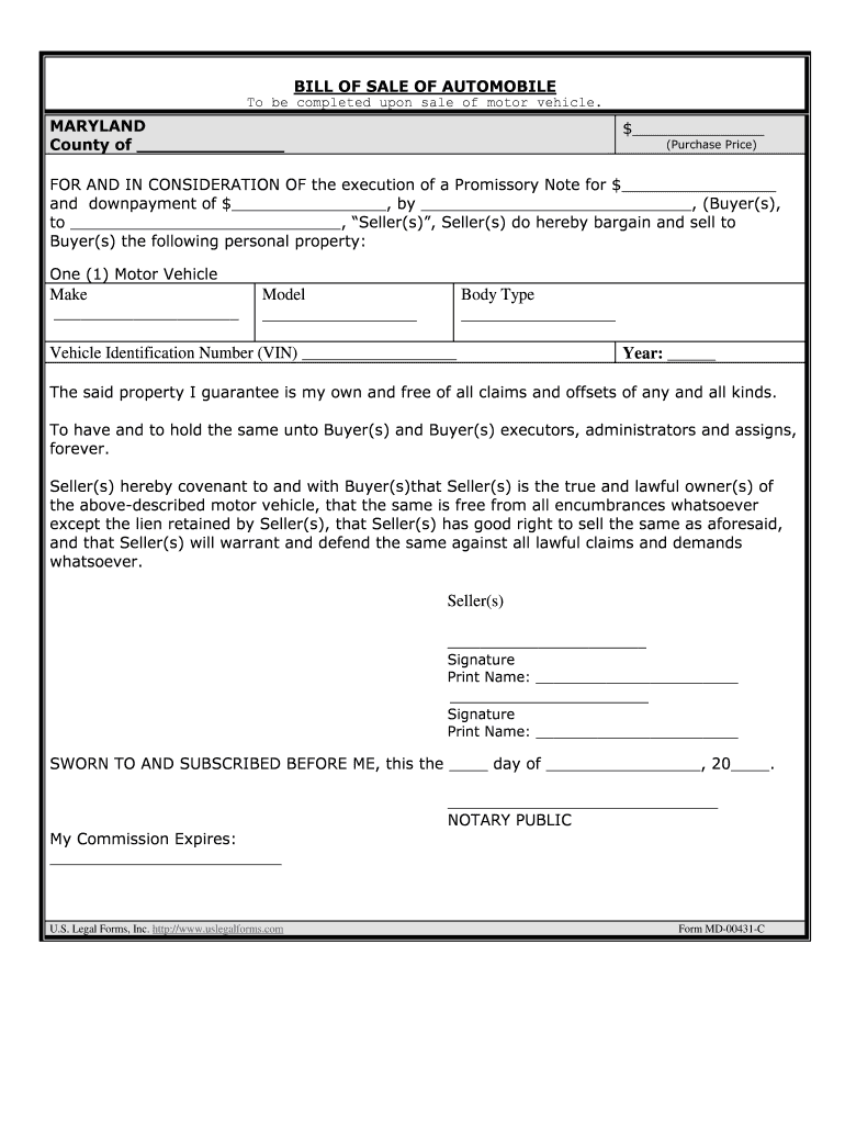 Maryland Motor Vehicle Bill of Sale Form Templates