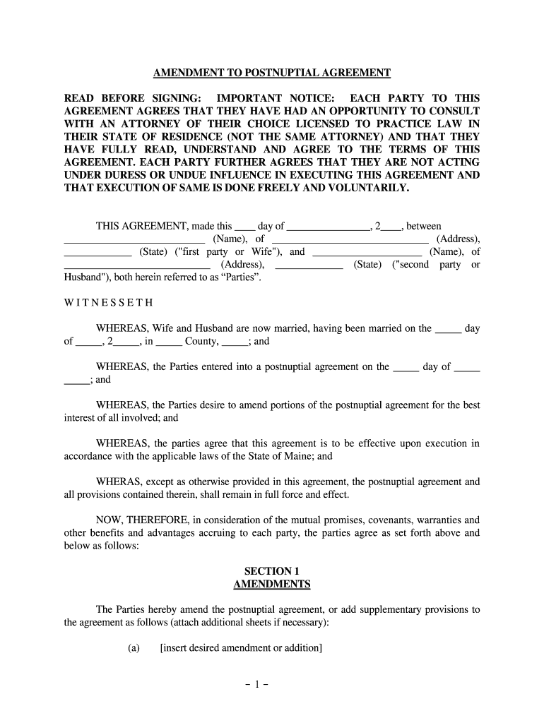 The Parties Hereby Amend the Postnuptial Agreement, or Add Supplementary Provisions to  Form