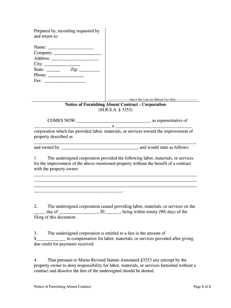 Notice of Furnishing Absent Contract Corporation  Form