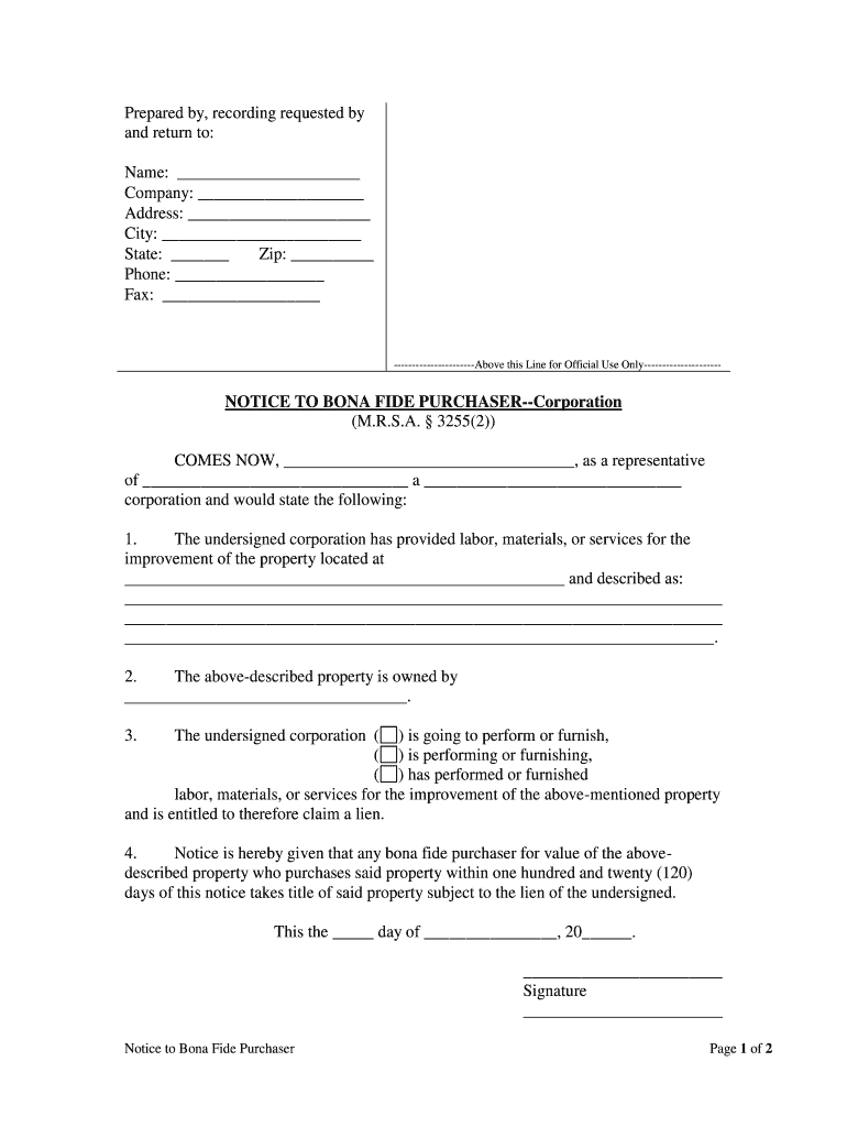 NOTICE to BONA FIDE PURCHASER Corporation  Form