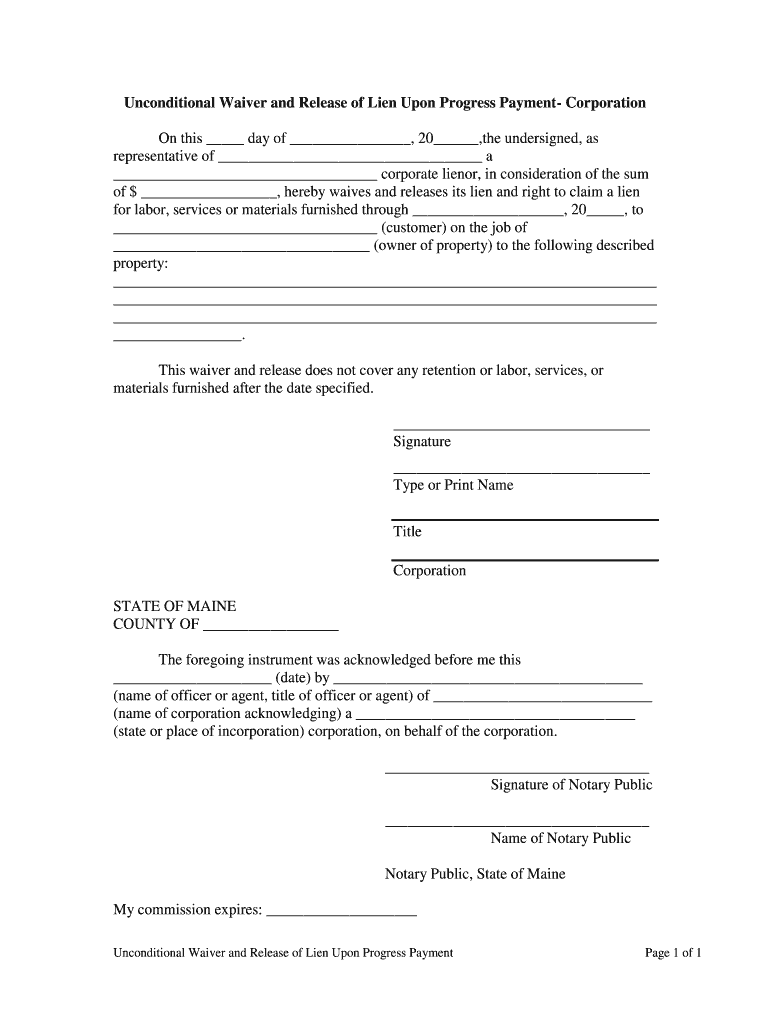 Unconditional Waiver and Release of Lien Upon Progress Payment Corporation  Form
