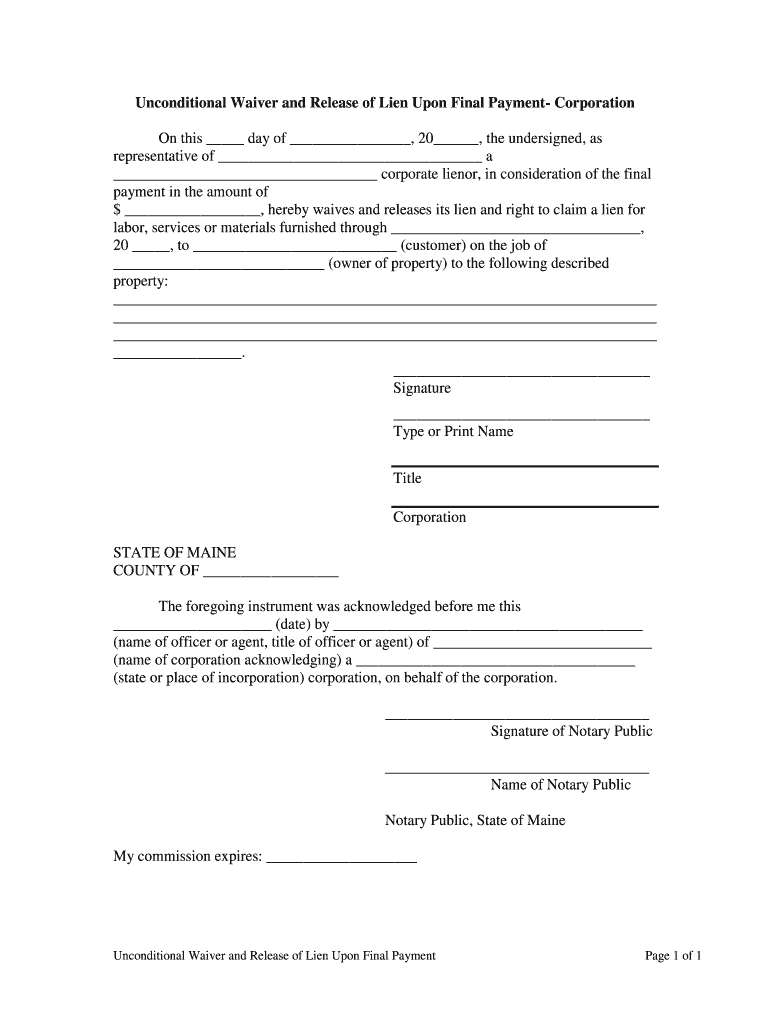 Unconditional Waiver and Release of Lien Upon Final Payment Corporation  Form