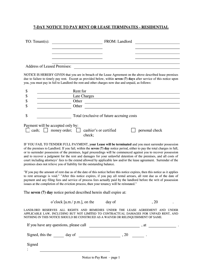 7 DAY NOTICE to PAY RENT or LEASE TERMINATES RESIDENTIAL  Form