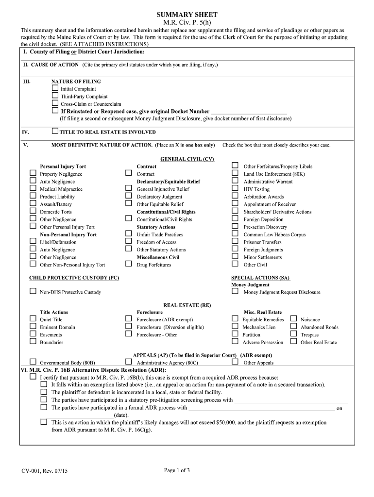 FAMILY MATTER SUMMARY SHEET M R Civ P 5h This  Form