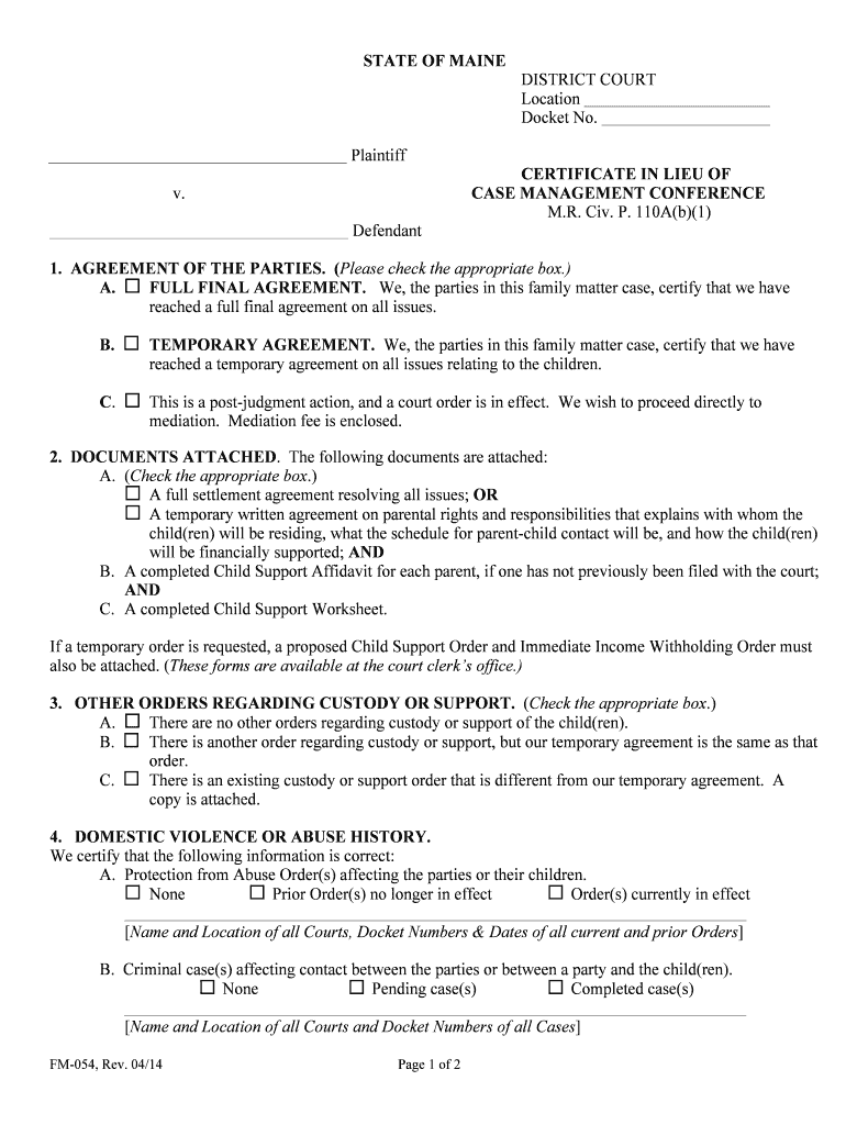 FM 054, Cert in Lieu of Case Mgmt Conf , Rev 04 14 DOC  Form