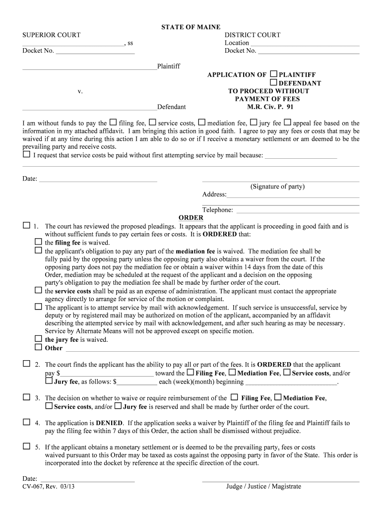 CV 067, Rev 0313 Application Proceed Wo Fee  Form