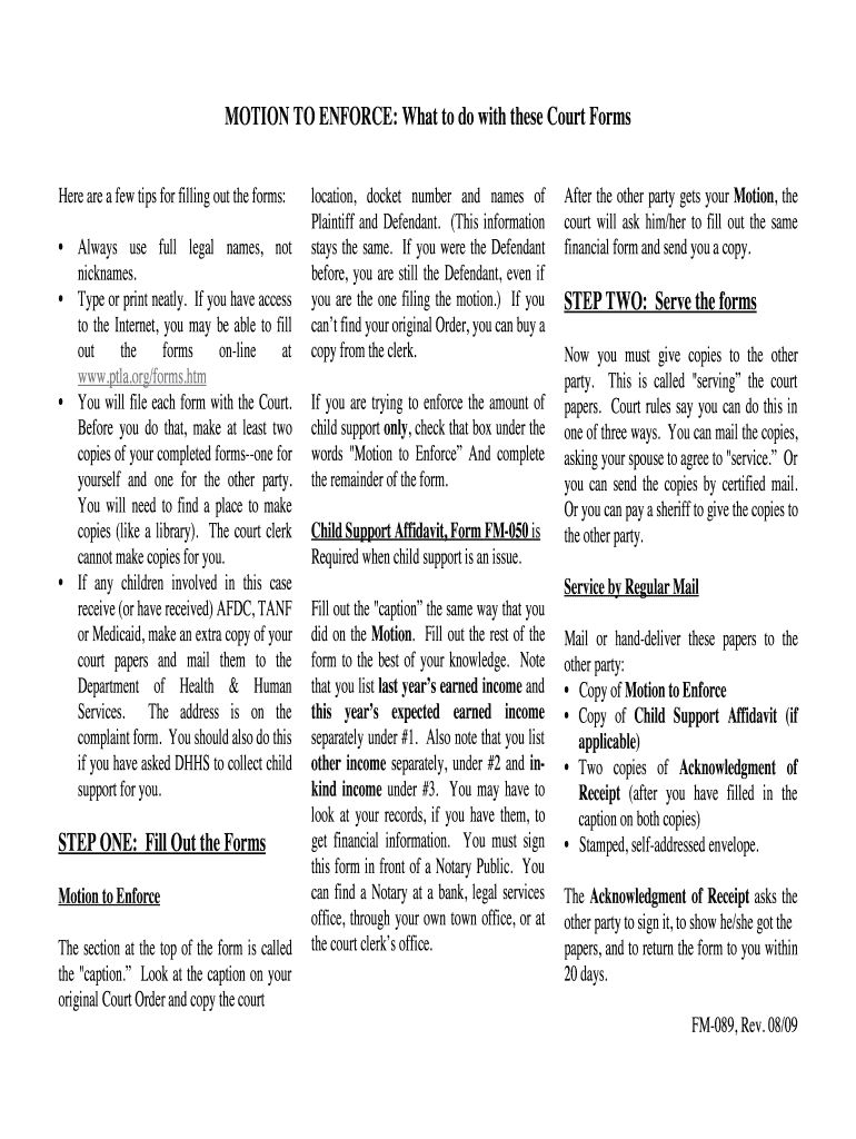 FM 089, Motion to Enforce Instructions Rev 08 091  Form