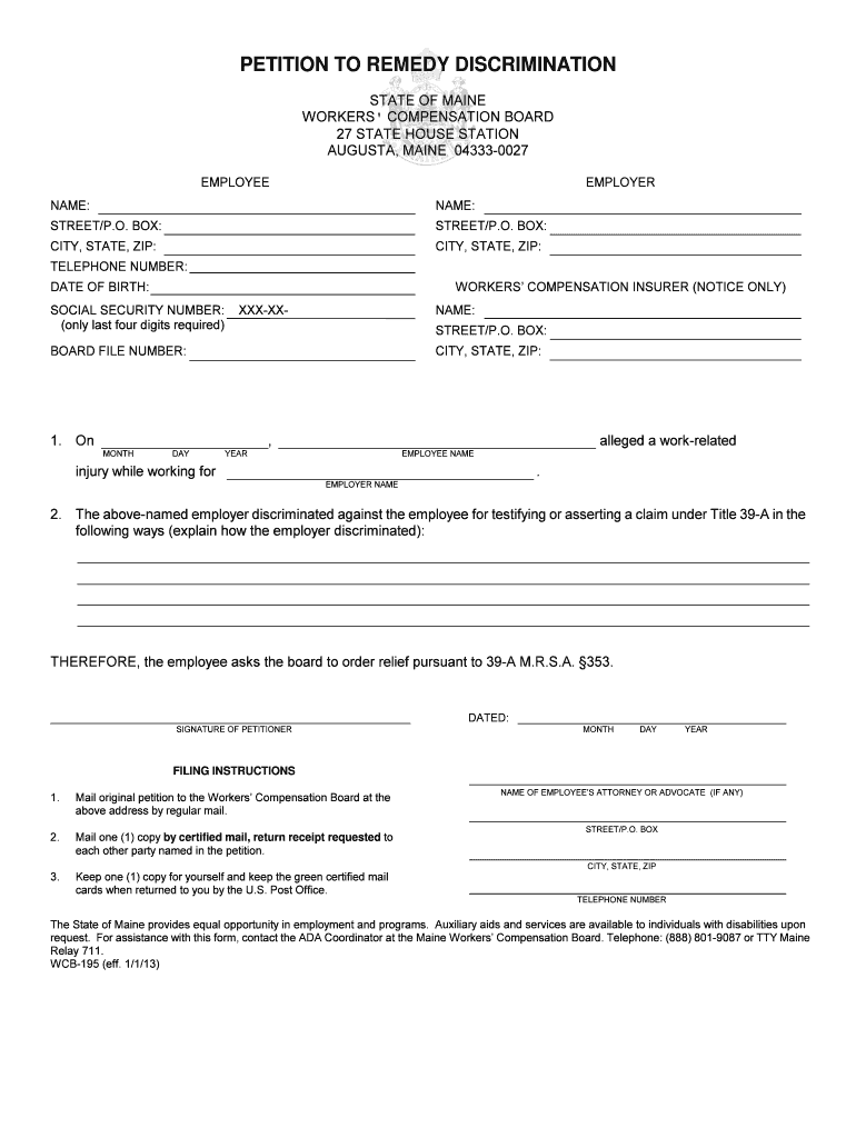 Petition to Remedy Discrimination Maine Gov  Form