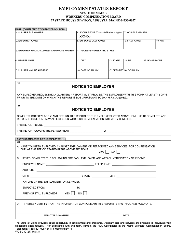 EMPLOYMENT STATUS REPORT WCB 230  Form