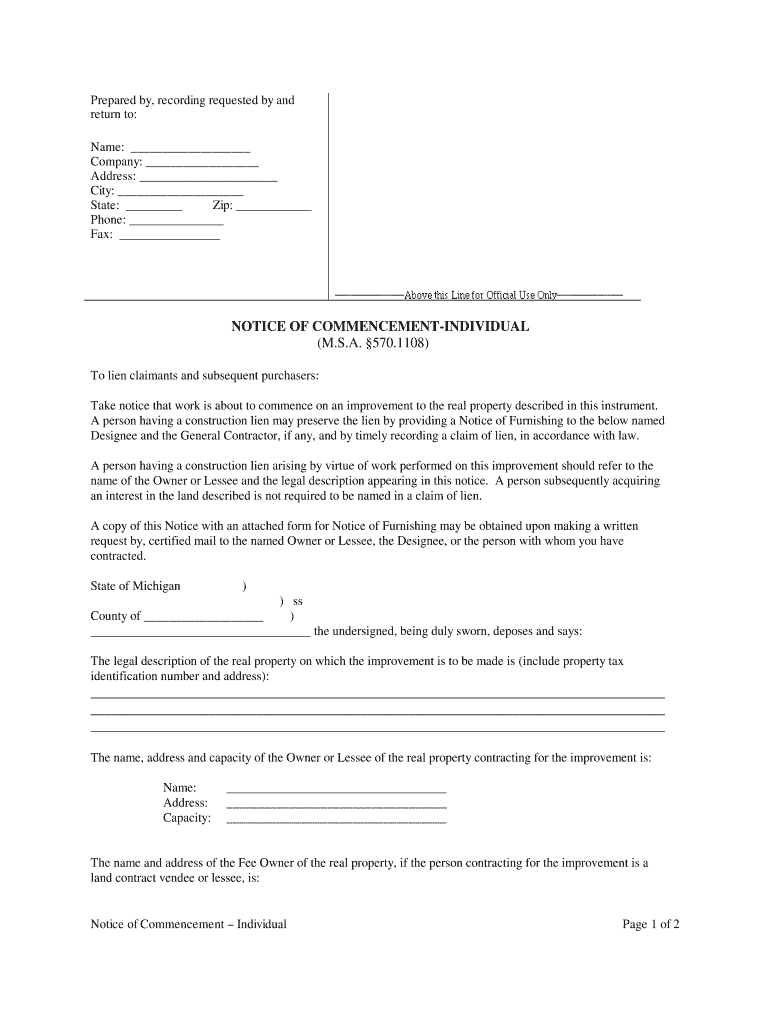 NOTICE of COMMENCEMENT INDIVIDUAL  Form