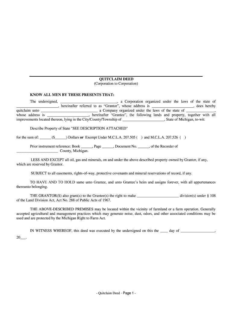 Blank Quit Claim Deed Form Fill Out and Sign Printable PDF