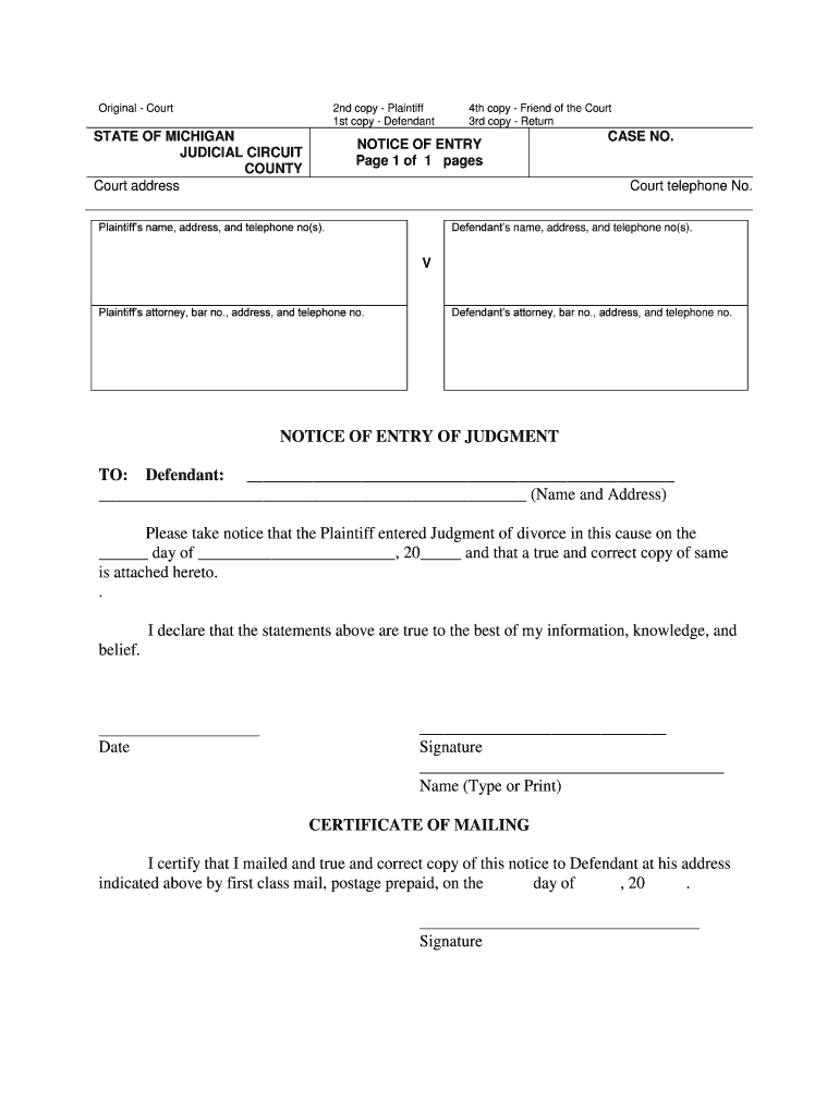 Fillable Online Michigan Notice of Entry of Judgment Form Fax Email