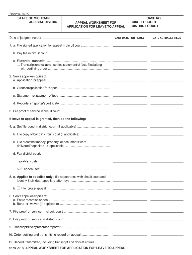DC 54, Appeal Worksheet for Claim of Appeal of Right  Form