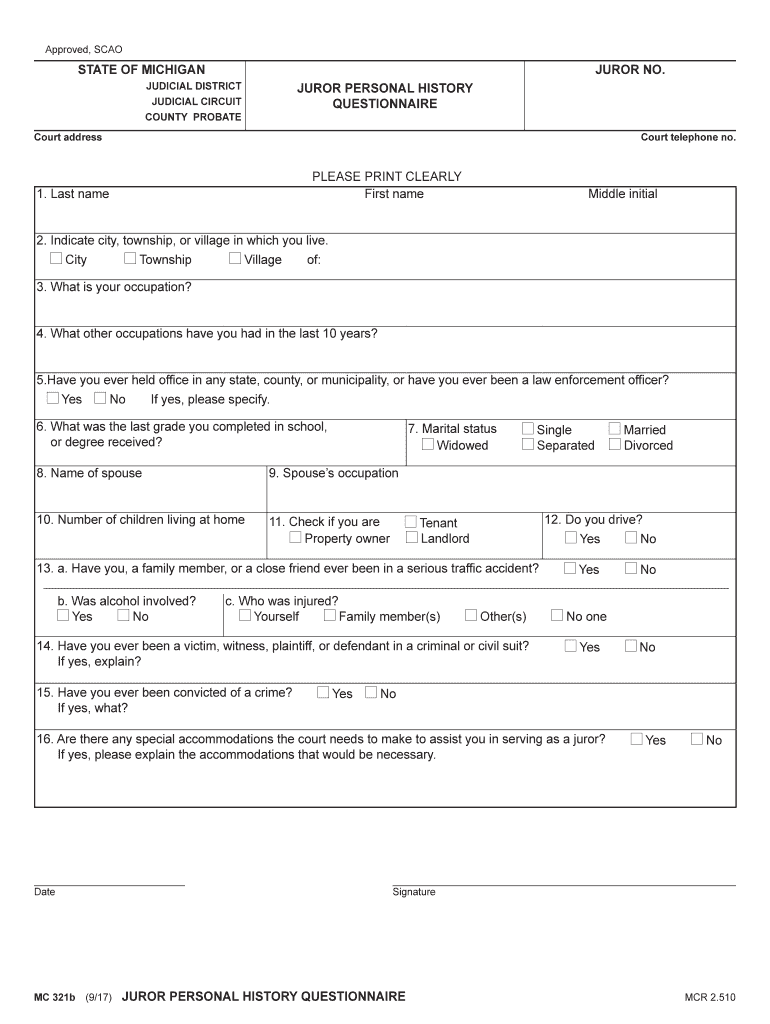 Juror Personal History Questionnaire Michigan Courts State  Form