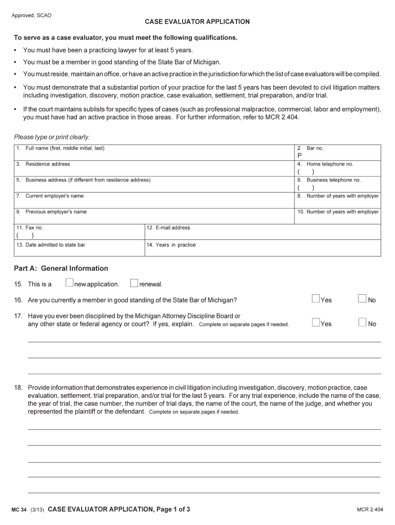 Case Evaluator Application MC 34Pdf Fpdf DOC DocxMichigan  Form