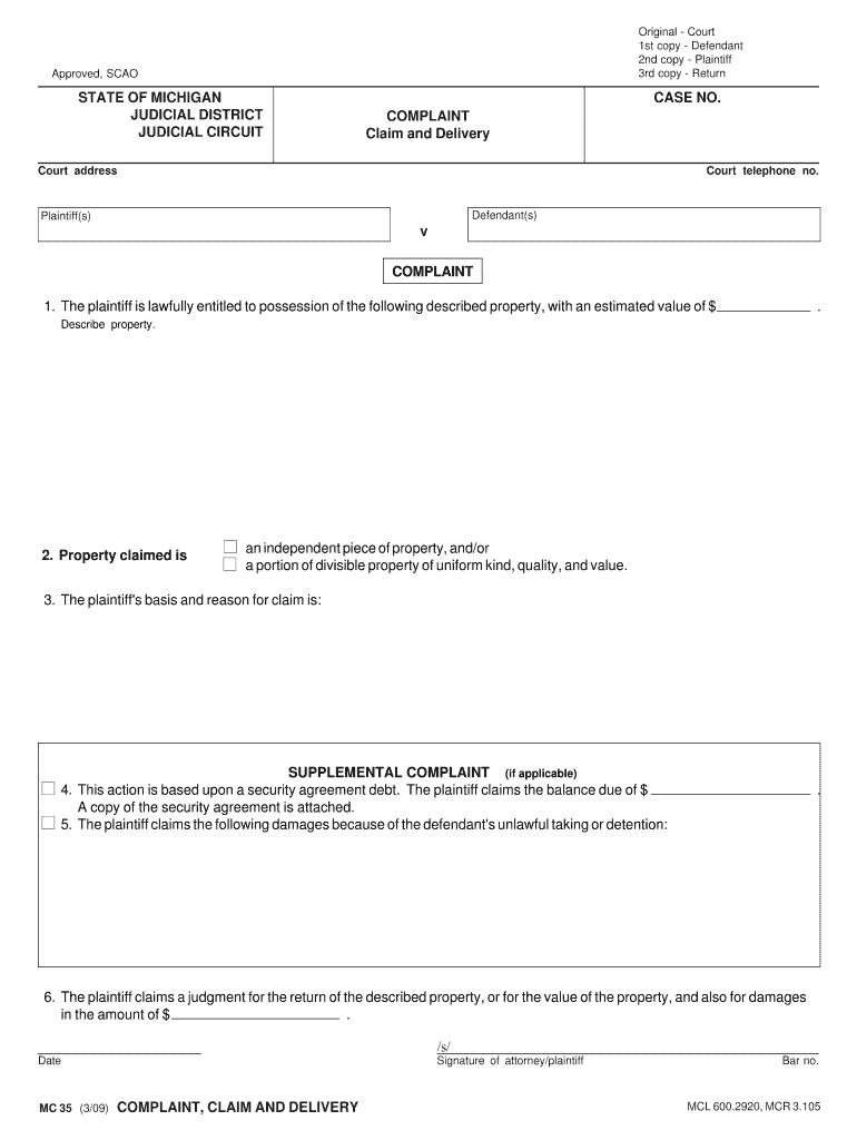 MC 35, Complaint, Claim and Delivery Michigan Courts  Form