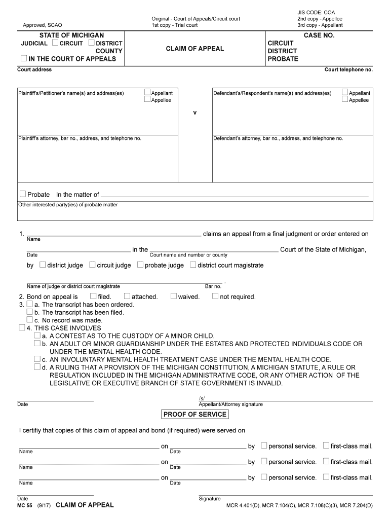 MC 55, Claim of Appeal  Form