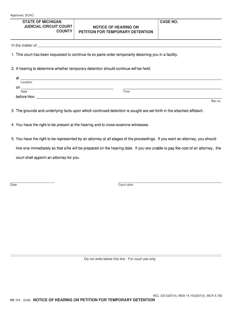 PETITION for TEMPORARY DETENTION  Form
