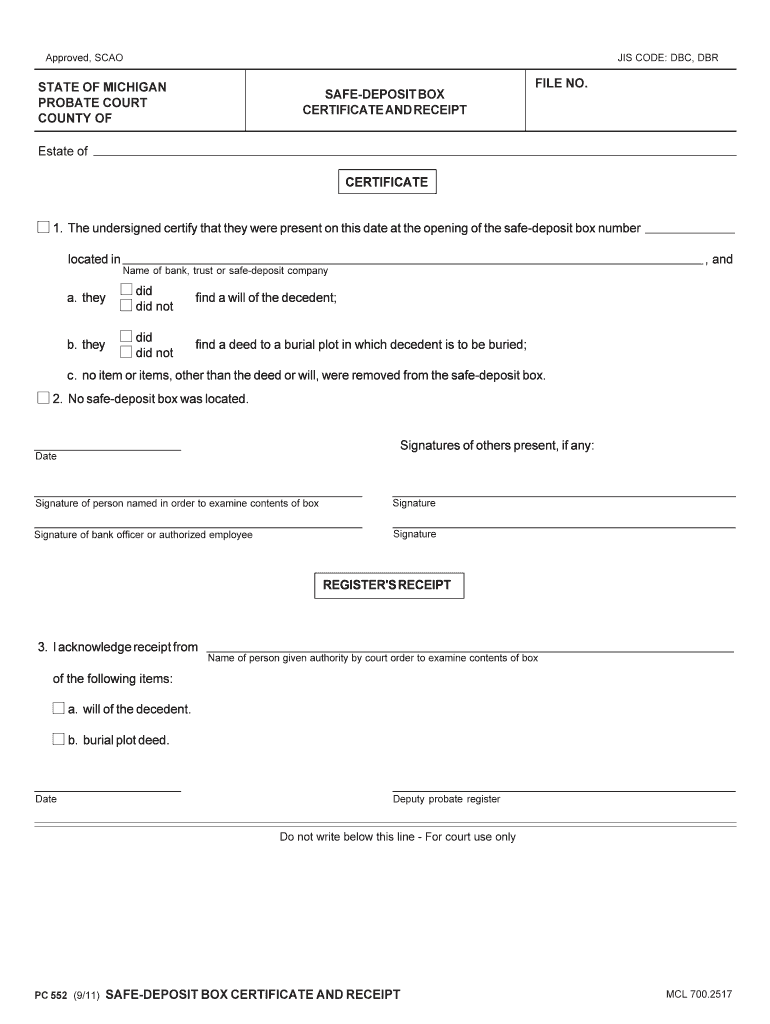 Form PC 552 Safe Deposit Box Certificate and Receipt