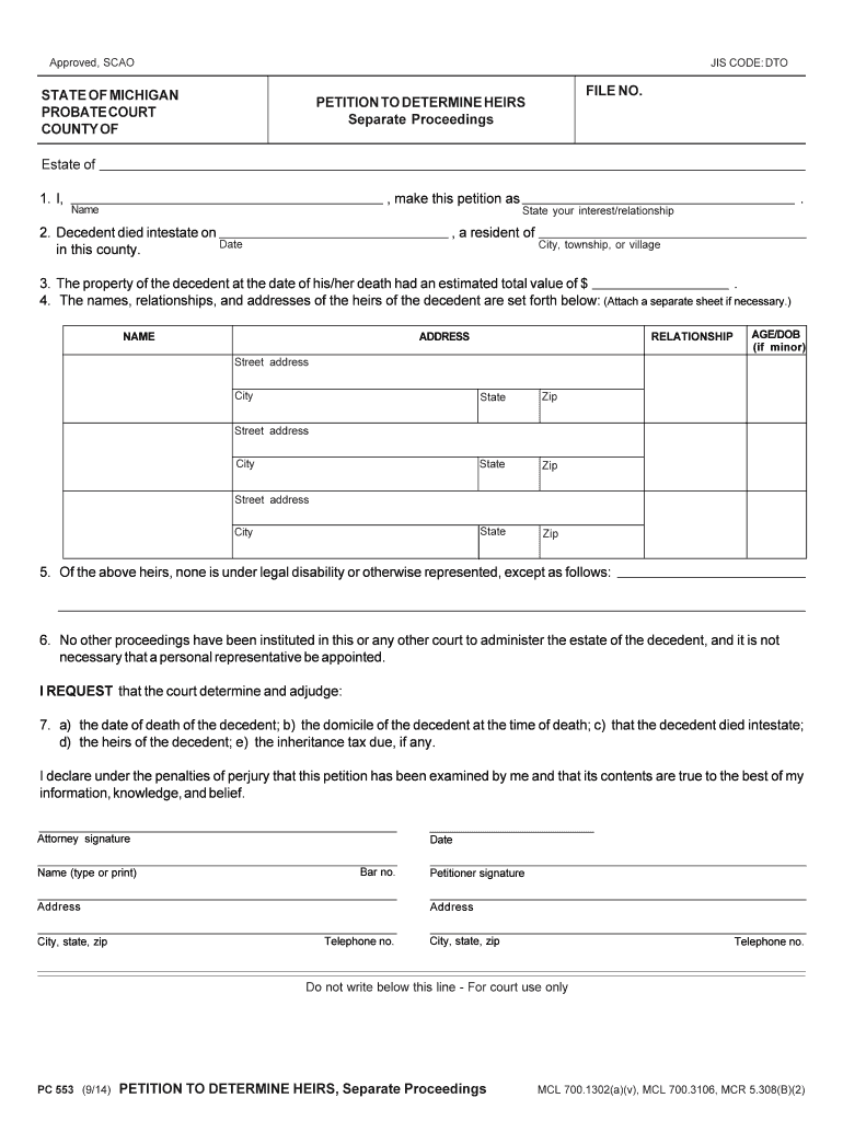 STATE of MICHIGAN PROBATE COURT COUNTY of PC  Form