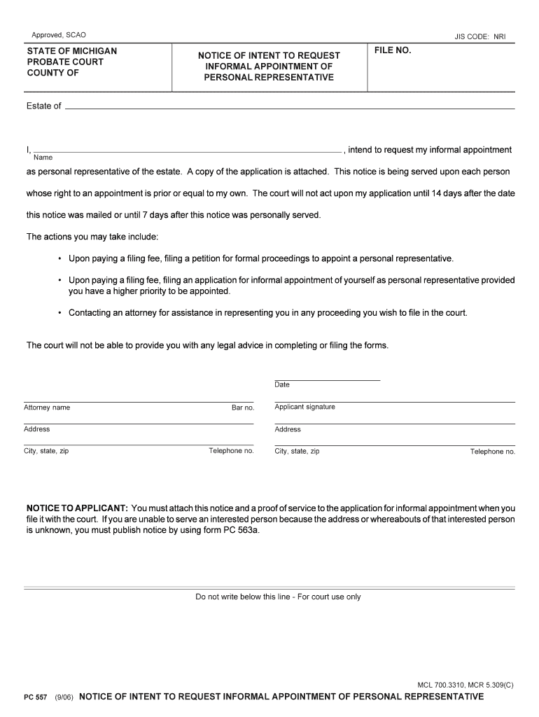 Notice of Intent to Request Informal Appointment of Personal