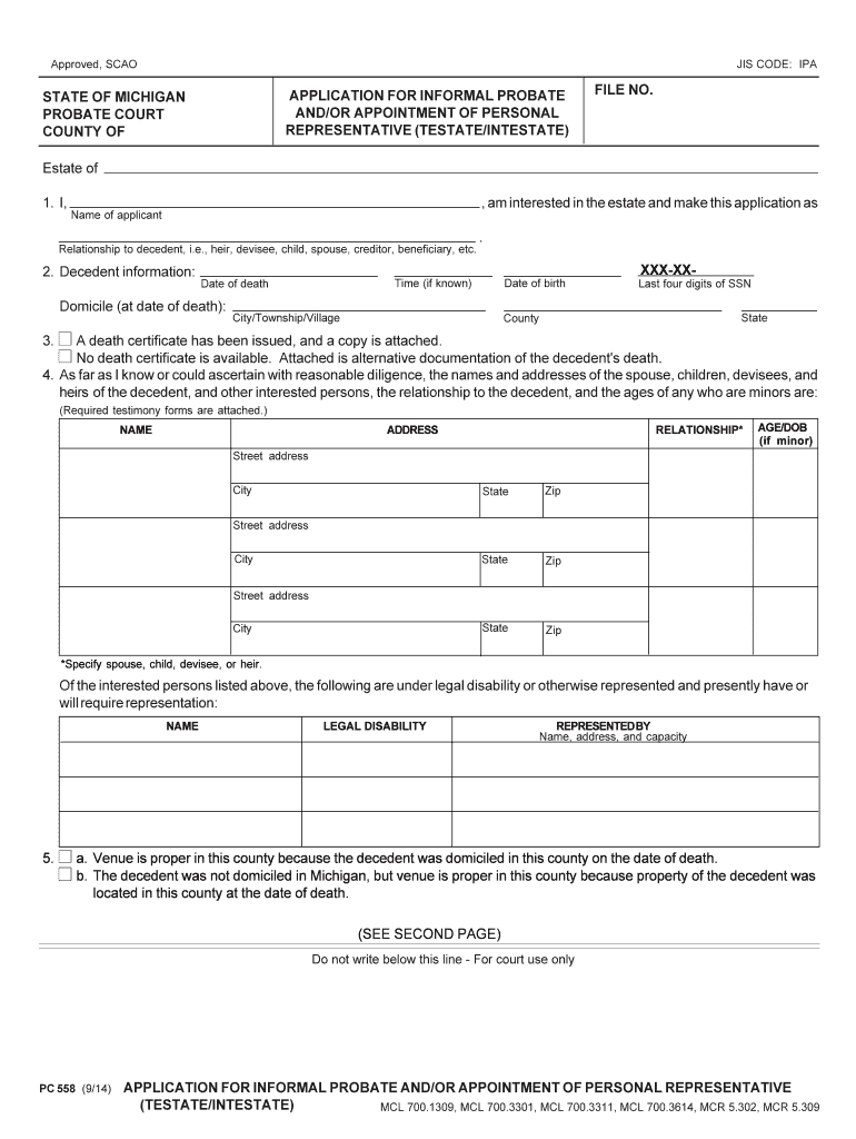 Fillable Online PC558 Application for Informal Probate and