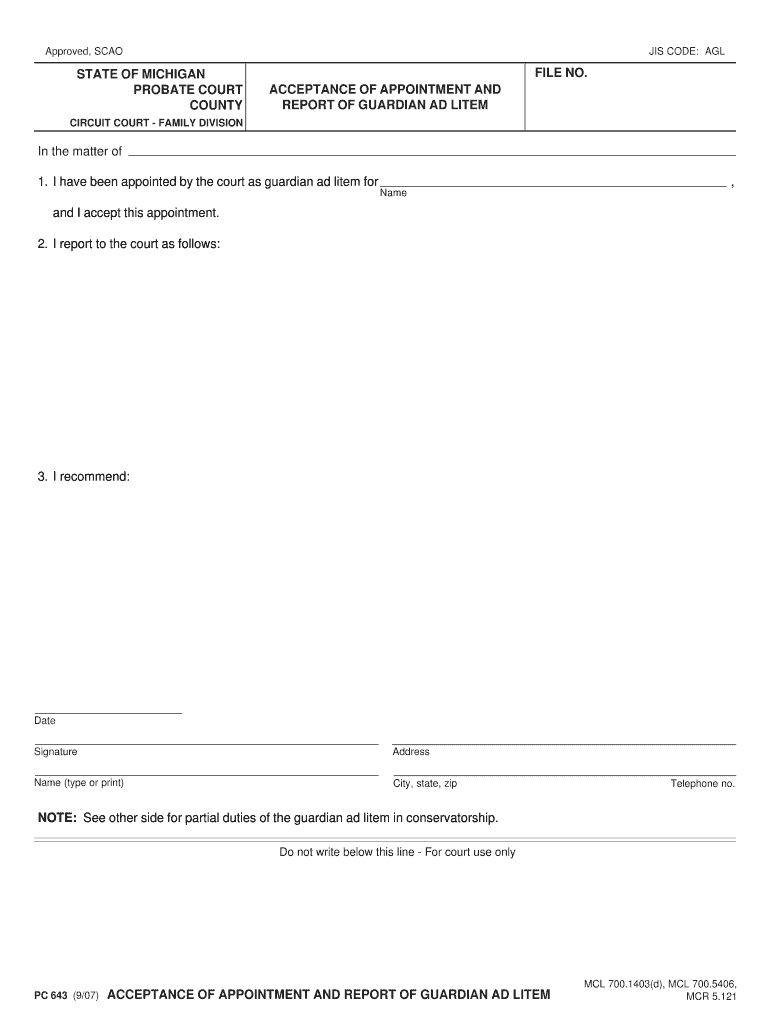 Fillable Online Courts Mi Acceptance of Appointment and Report of  Form