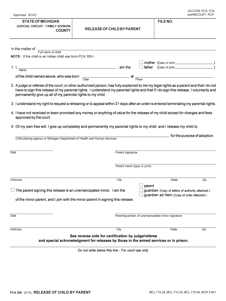 RELEASE of CHILD by PARENT  Form