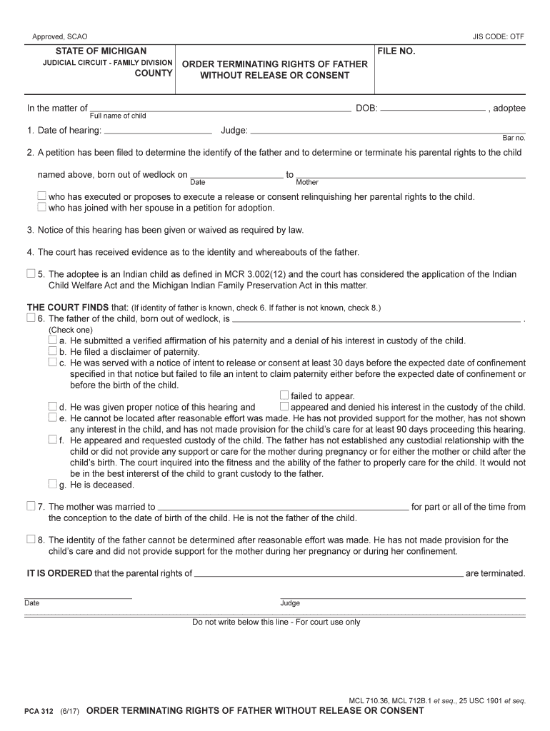 PCA 312, Order Terminating Rights of Father Without Release or Consent  Form