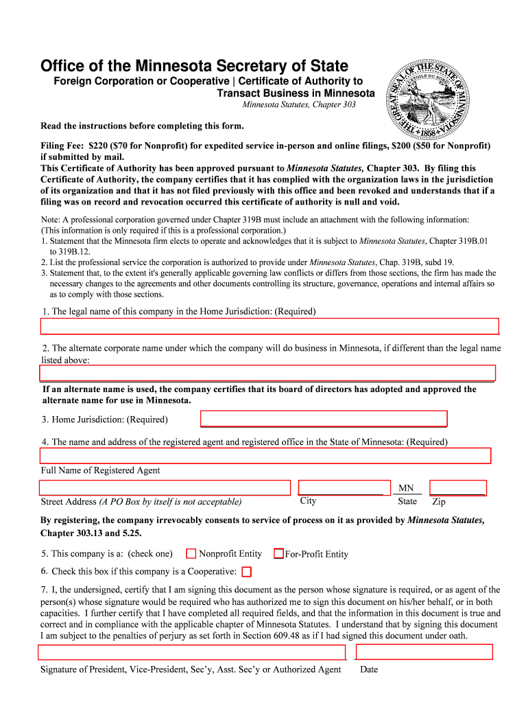 Fill and Sign the Foreign Corporation or Cooperative Certificate of Authority to Form