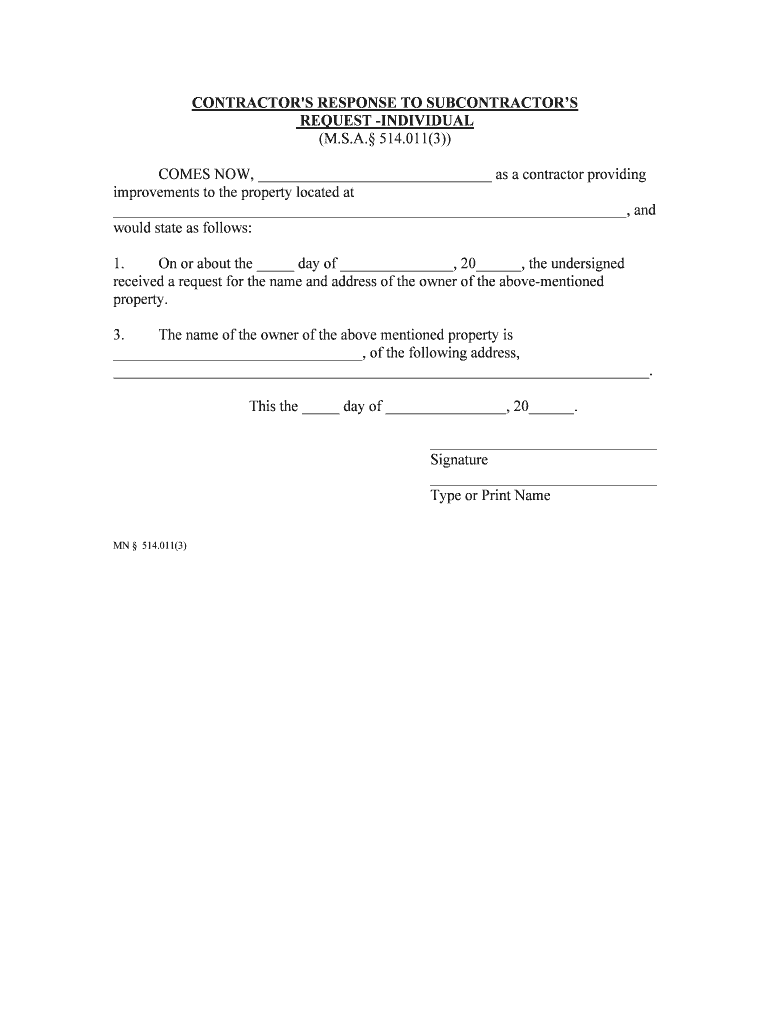 CONTRACTOR'S RESPONSE to REQUEST for OWNER INDIVIDUAL  Form