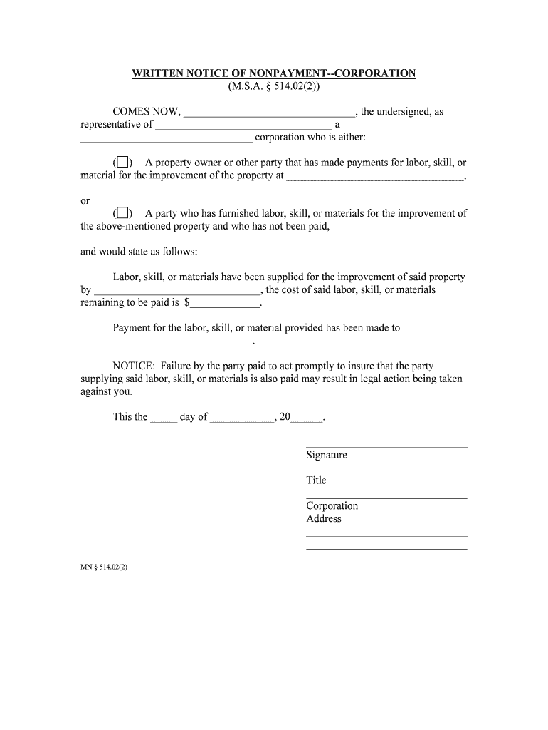 WRITTEN NOTICE of NONPAYMENT INDIVIDUAL  Form