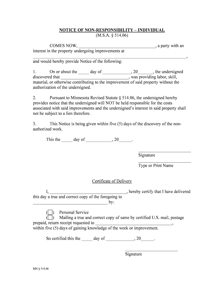 Get the Minnesota Notice of Nonresponsibility Individual  Form