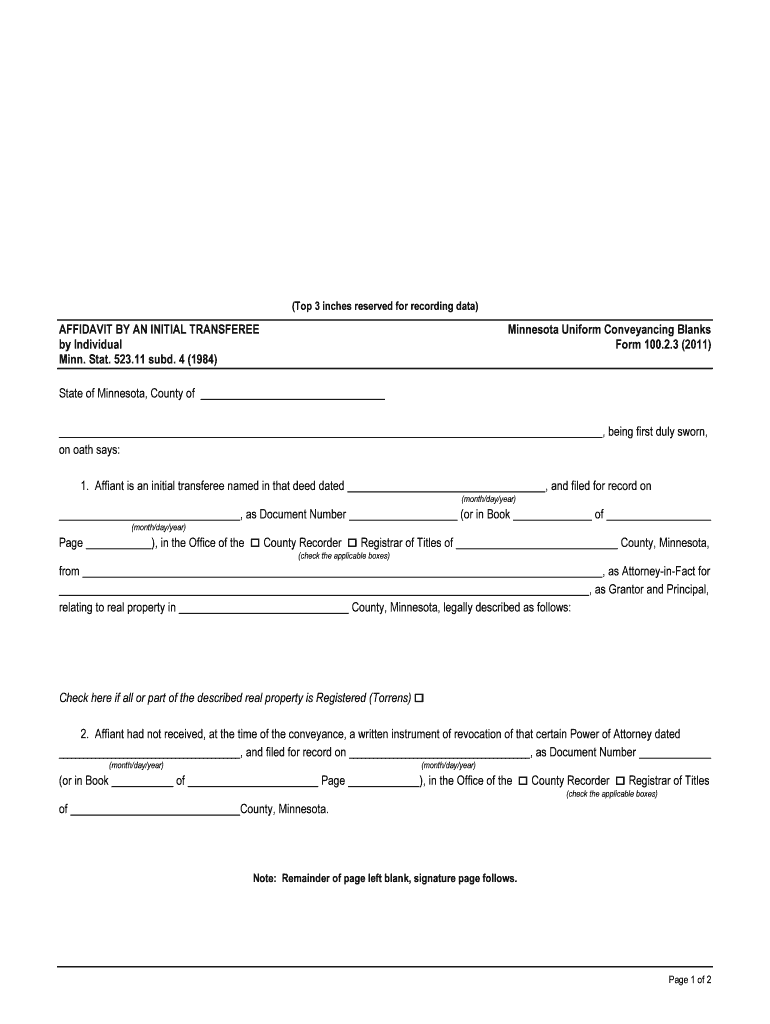 Affidavit by an Initial Transferee by Business Entity 100  Form
