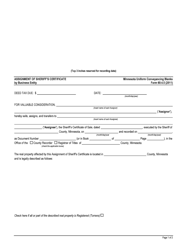 ASSIGNMENT of SHERIFF'S CERTIFICATE by Business  Form