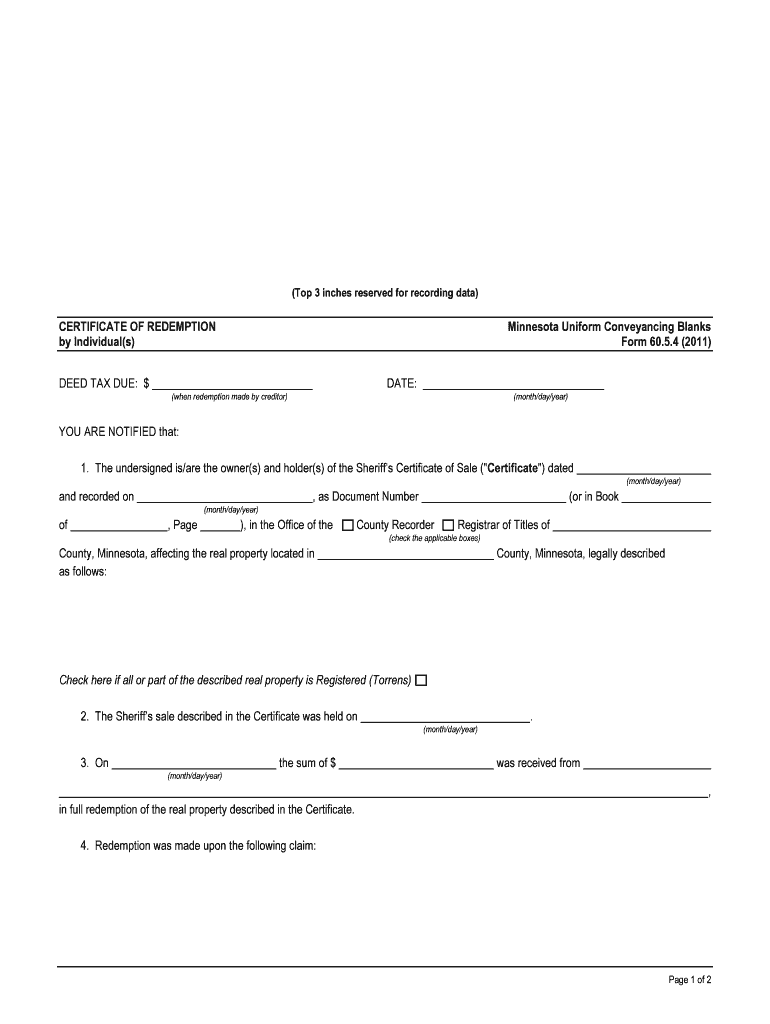 CERTIFICATION of REDEMPTION by Sheriff Minnesota  Form