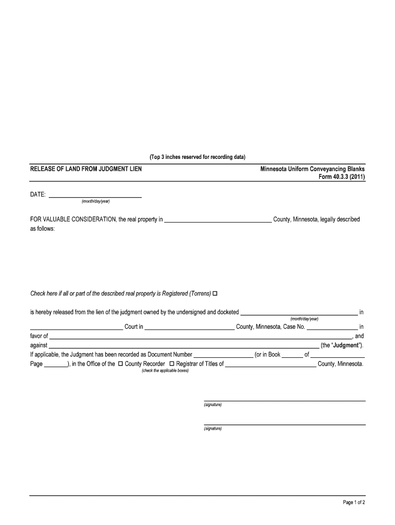 RELEASE of LAND from JUDGMENT LIEN Minnesota  Form