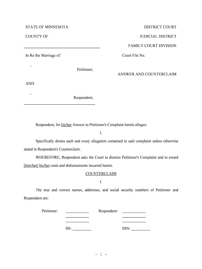 Forms to Respond to Divorce Petition Minnesota Judicial