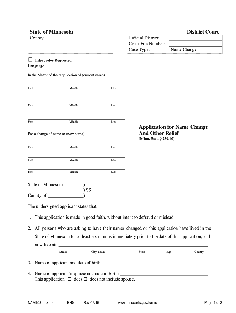 Fillable Online Application for Name Change Form NAM102 Fax