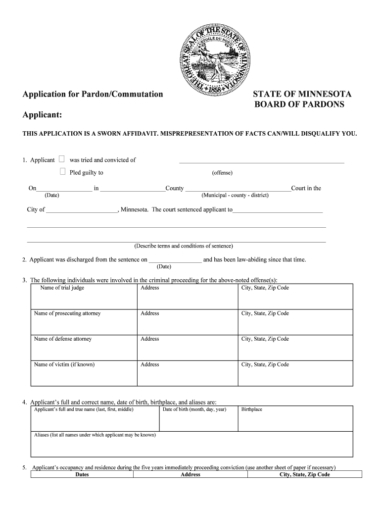 Application for Pardon Extraordinary STATE of MINNESOTA  Form