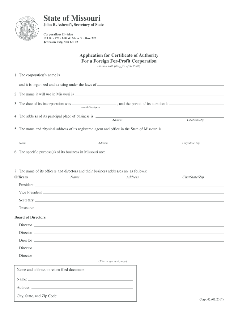 Application for Certificate of Authority Missouri Secretary of  Form