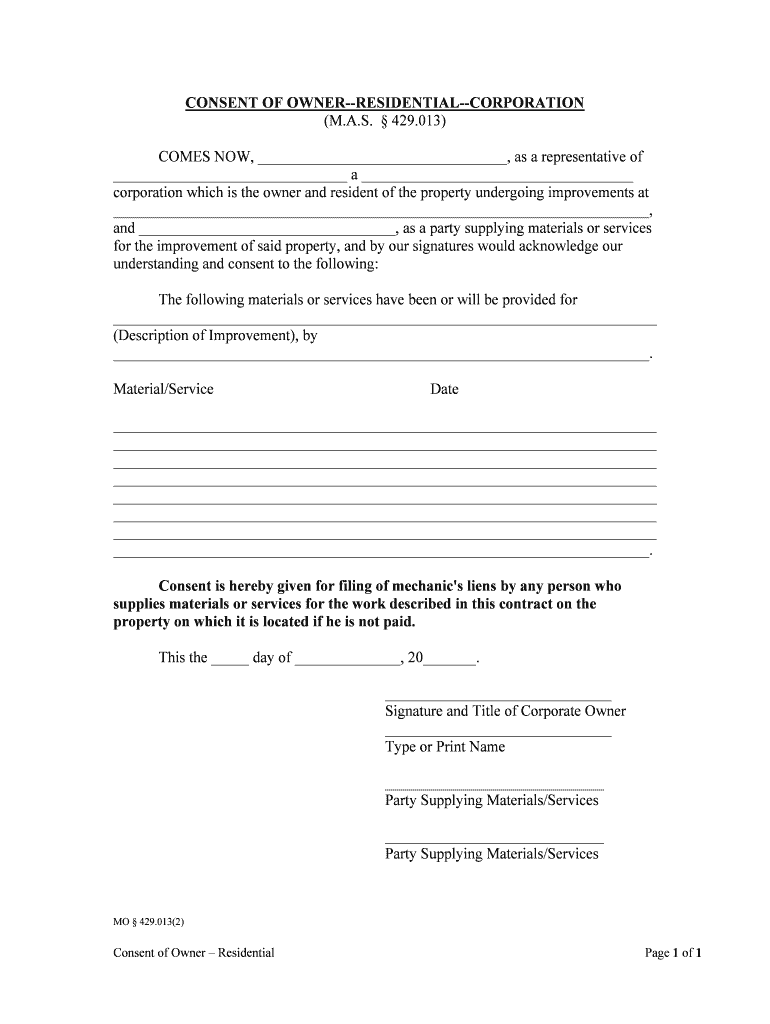 CONSENT of OWNER RESIDENTIAL INDIVIDUAL  Form