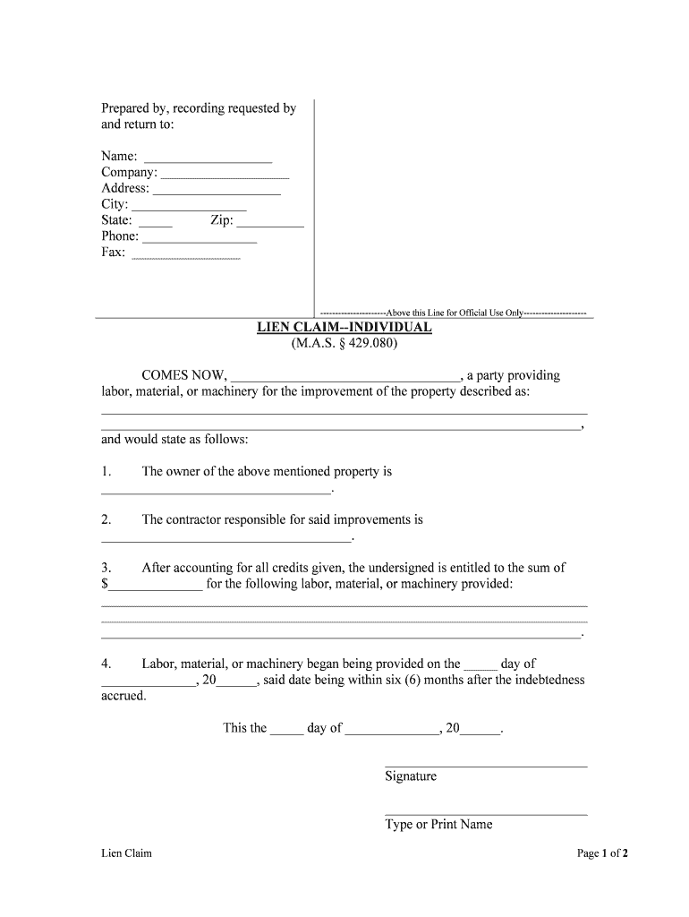 LIEN CLAIM INDIVIDUAL  Form