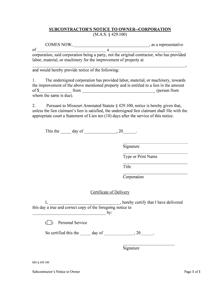 SUBCONTRACTOR'S NOTICE to OWNER INDIVIDUAL  Form