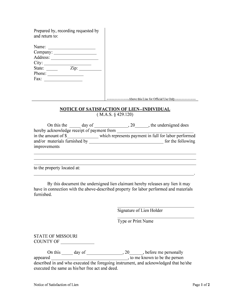 NOTICE of SATISFACTION of LIEN INDIVIDUAL  Form