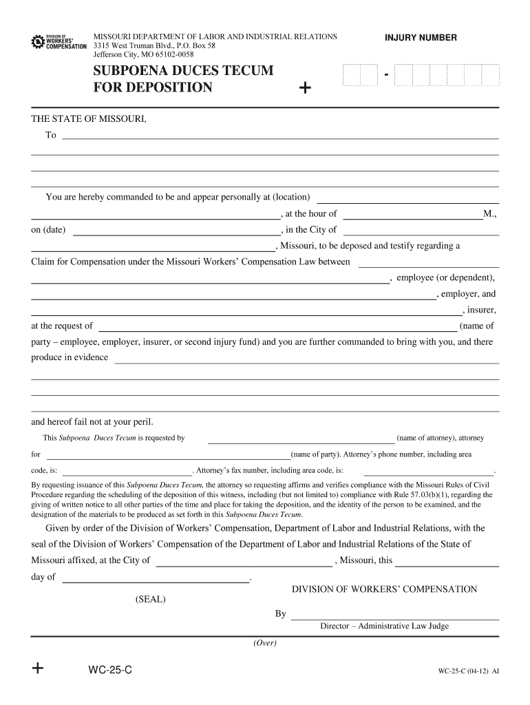 Subpoena Duces Tecum for Deposition Missouri Department  Form